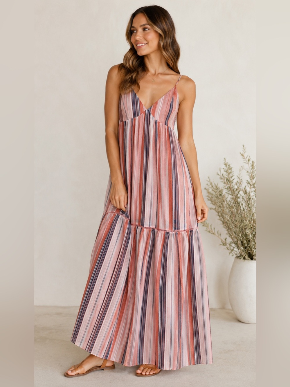 Jack BB Dakota Striped Maxi Dress Pink Rust Navy Size XS